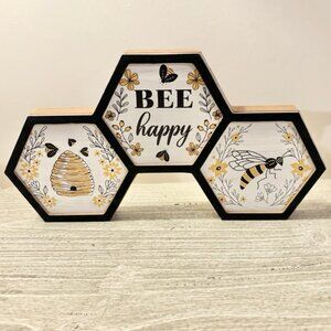 Bee Happy Hexagon Wooden Table Decor – Farmhouse Honeybee Wall Accent